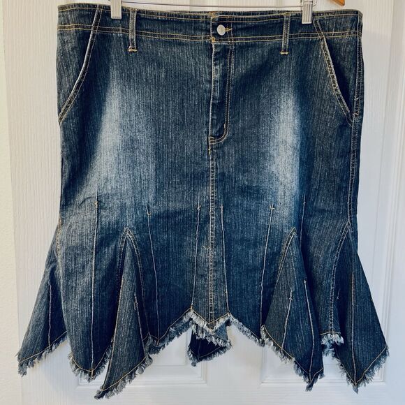 Y2K VTG Zoey Beth Women's 2X Blue Denim Jean Skirt Mermaid Raw Hem Ruffle Fairy - Picture 1 of 7